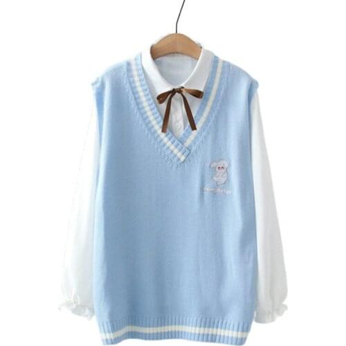 Women Sets Cartoon Embroidery Sleeveless V-neck Knitted Vest And Solid Lace Up Blouse Shirts 2021 Spring Preppy 2 Piece Clothes