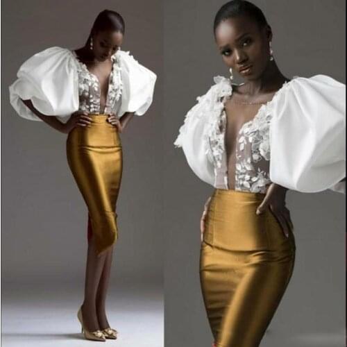 Exaggerated Sleeve Gold Sheath Evening Dress South African Sheer Neck Appliques Prom Dresses Women Slim Cocktail Party Gowns