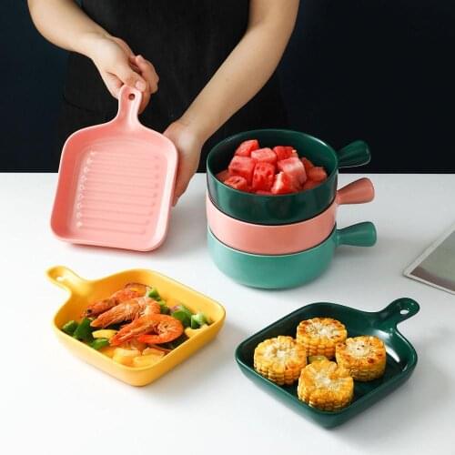 1pc Colourful Ceramic Dinner Plates with Handle Breakfast Plates Bowl Food Dishes Food Flat Plate Dessert Dish Kitchen Tableware