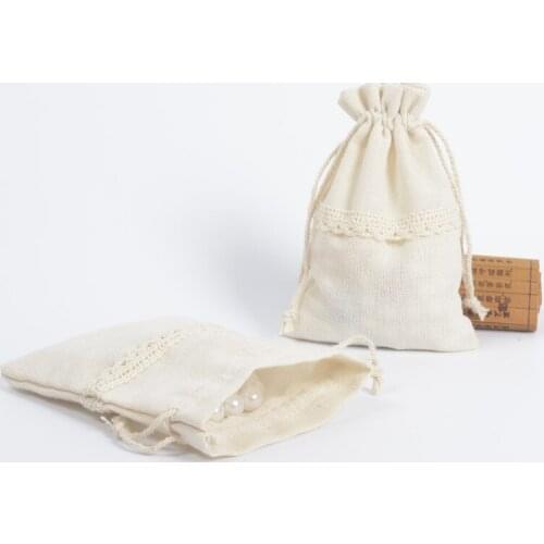 10Pcs Cotton Trim Organizer Drawstring Jute Pouch Jewelry Cosmetic Chocolate Candy Small Gift For Wedding Party Decor Sachet Bag