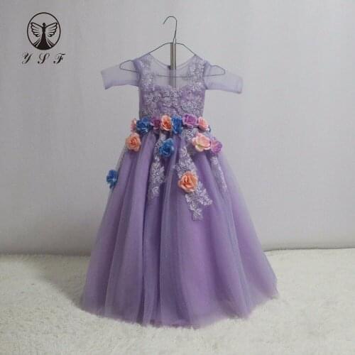 2017 Fashion Purple O Neck Appliqued Beaded 3D Flowers Short Sleeve Ball Gown Floor Length Little Girl Pageant Dresses
