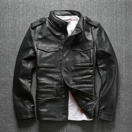 2020 Vintage Black Men M65 Jacket Plus Size 4XL Genuine Thick Cowhide Autumn Russian Safari Leather Coat FREE SHIPPING