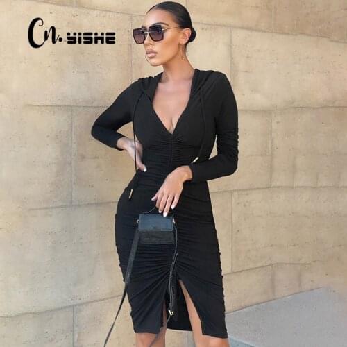 CNYISHE 2021 Fashion Casual Hooded Drawstring Dress Women Spring Bodycon Bandage Midi Ruched Dresses Female Black Robes Vestidos