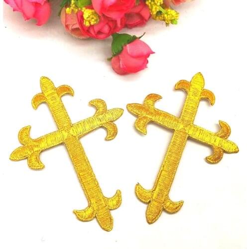 YACKALASI Golden Jesus Cross Lace Appliqued Embroidered Cosplay Patches Fabric Applique Gold Silver 7.5cm*10cm