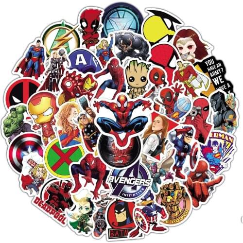 50pcs Cartoon Marvel Stickers Spiderman Captain America Waterproof Sticker Luggage Skateboard Guitar Laptop Stikers Kid Toy