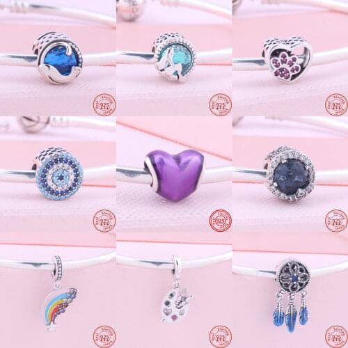 Hot Sale 100% Real 925 Sterling Silver Feather Moon Family Beads Fit Original Pandora Charms Bracelets Fashion DIY Jewelry Women