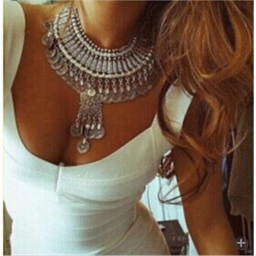 Gypsy Bohemian Beachy Chic Vintage Coin Carving Flower Statement Necklace Festival color Boho Turkish Tribal Coin Necklace