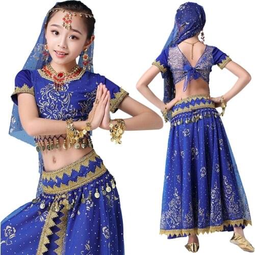 New Style Children Outfit Bollywood Sari Costume Belly Dance Indian Top Belt Skirt Veil Headpiece Kids Performance Clothes Sets