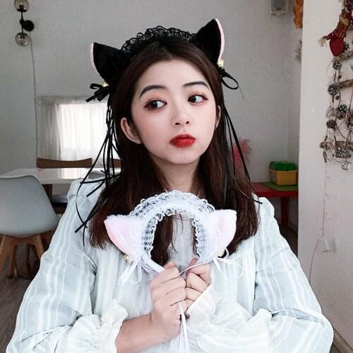 Women Ruffles Lace Headband Plush Cat Ears Ribbon Bell Lolita Cosplay Hair Hoop
