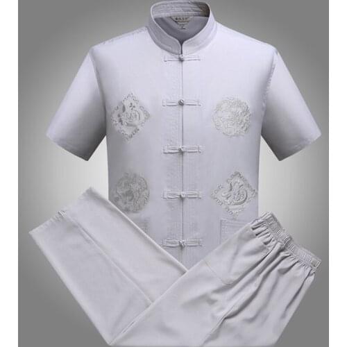 Chinese Men Cotton Kung Fu Suit Embroidery Wu Shu Uniform Tai Chi Clothing Short Sleeve Shirt+Pant M L XL XXL XXXL