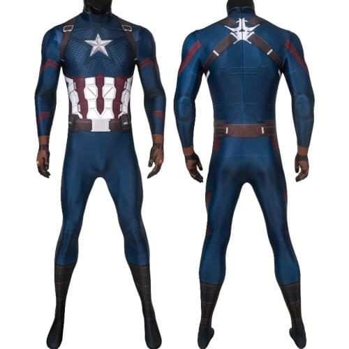 Adult Superheroes End Game Captain Steven Rogers Battle Jumpsuit Cosplay Costume Halloween Masquerade Party Bodysuit