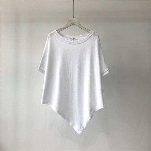 Summer Womens Top Loose Pure Color Irregular Hem Short-Sleeved T-Shirt Woman Round Neck Bottoming T Shirts Top Womens Clothing