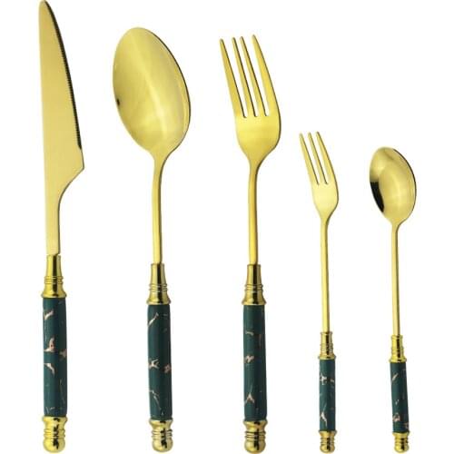 Dinnerware Set Green Gold Ceramic Dinner Knife Fork Spoons Tea Spoon Vintage Stainless Steel Cutlery Set Kitchen Tableware Set