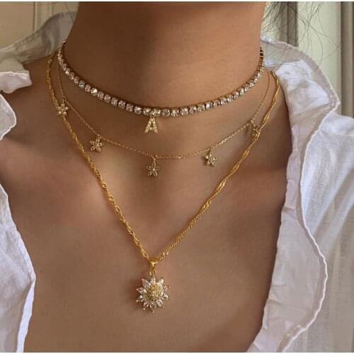 Caraquet Bling Rhinestone Letters Tennis Chain Choker Necklace for Women Multilayer Crystal Sunflower Starfish Pendants Jewelry