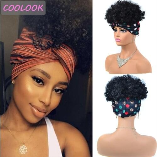 Kinky Curly Headband Wigs for Women 8 Inches Short Afro Curly Cap Wig Heat Resistant Fiber Cosplay Deep Curly Cap Wig with Scarf