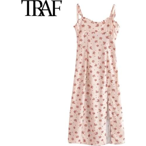 TRAF Women Chic Fashion Floral Print Front Slit Midi Dress Vintage Backless Elastic Tie Straps Female Dresses Vestidos
