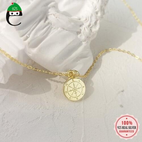 ElfoPlataSi Real 925 Sterling Silver Gold Color Boho Round Compass Pendent Necklace for Fashion Women FINE Jewelry Gift DA1273