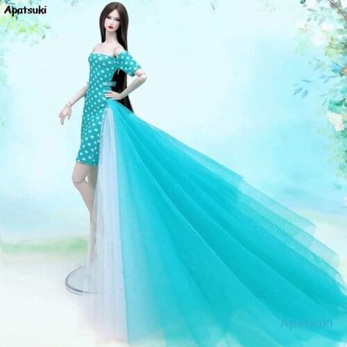 Blue Polka Fashion Doll Outfits For Barbie Doll Dress Clothes Princess Evening Party Gown Long Dresses Dolls Accessories 1/6 Toy