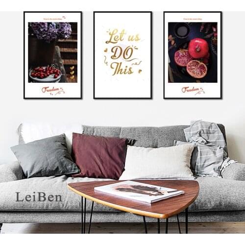 Modern Fashion Food Fruit Pomegranate and Tomatoes Poster Black Red Background Golden Quote Picture for Living Room Home Decor