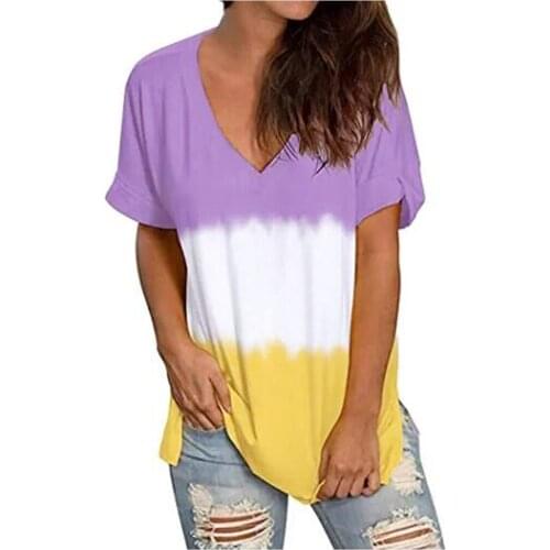 2020 Summer NewTrade Dyeing Gradient Loose V-neck T-shirt Top Girl