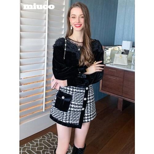 Tweed irregular stitching, velvet lace, diamond button, versatile skirt and trousers 2021 Spring new High Quality Top Quality