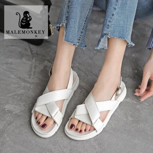 Platform Sandals Women Black 2021 Fashion Summer New Outdoor Beach Shoes Flat Leather Comfortable Roman Ladies Shoes Non-slip