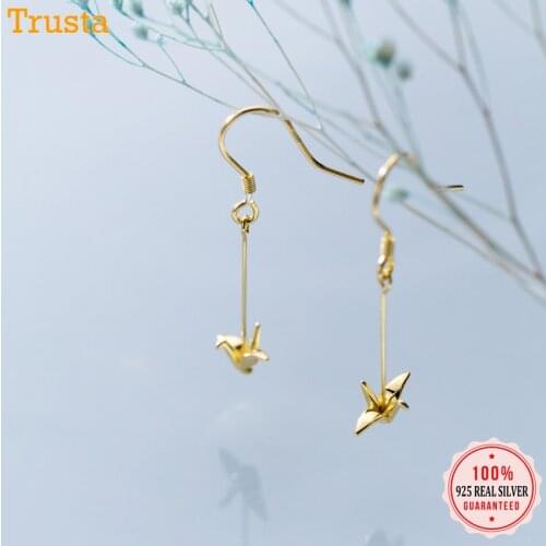 Trustdavis 925 Sterling Silver Lovely Paper Crane Sweet Long Dangle Earrings For Women Girl Lady Fashion Silver 925 Jewelry DT53