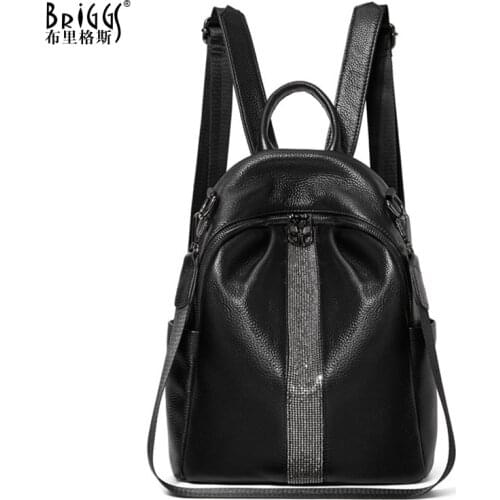 BRIGGS Real Cow Leather Women Bags Casual Fashion Black Backpack Large Female Travel High Quality Commute Rucksack School Bags