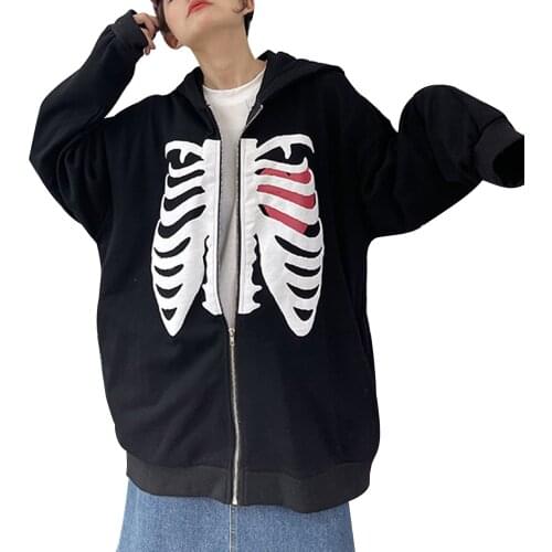Womens Full Zip Hoodies, Long Sleeve Heart Skeleton Print Loose Hooded Sweatshirts
