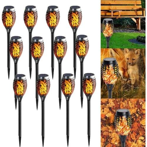 12Pcs Solar Lights Flickering Flame Torch Path Light Dancing Flame Lighting Dusk to Dawn Torches Outdoor Garden Waterproof Lamp