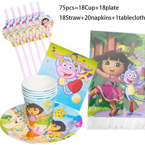 75pcs Baby Shower Supplies Dora the Explorer Birthday Party Supplies Disposable Party Tableware Napkin Plate Tablecloth Banner