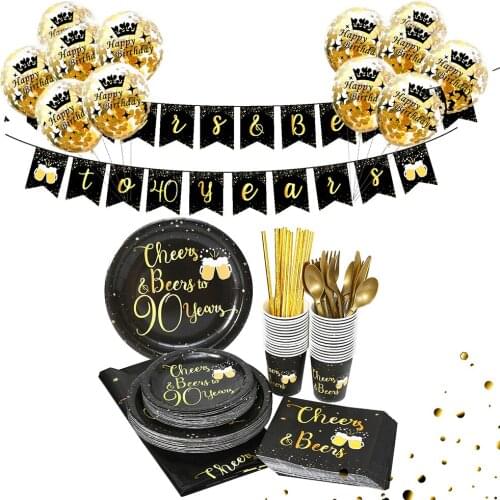 30th 40th 50th Gold Birthday Party Bronzing Paper Plate Cup Disposable Tableware Happy Birthday Balloons Banner Decor Supplies