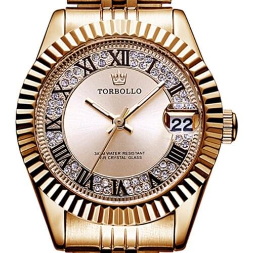 High Quality Fashion Women Watch Waterproof Metal Band Luxury Crystal Gold White Quartz Women wristwatch