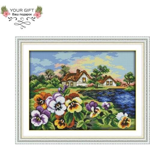 Joy Sunday F949 Counted and Stamped Home Decor The Hometown Of Pansy Needlework Needlepoint Embroidery DIY Cross Stitch kits