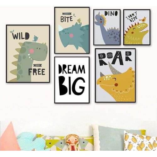 Cartoon Dinosaur Canvas Painting Modern Kawai Animal Poster Childrens Room Bedroom Living Room Wall Art Decoration Pictures