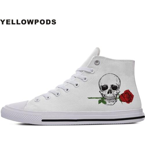 Mens Casual Canvas Shoes Design Red Rose Skull Flower High Top White Drawstring For Women Flat Soled Sneakers Big Size