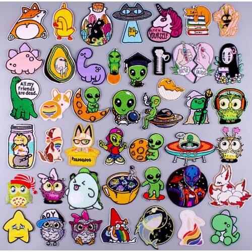 Alien Cute Animal Patch Embroidered Patches For Clothing Frog/Dog Patch Iron On Patches On Clothes Stripe Applique Sticker Diy