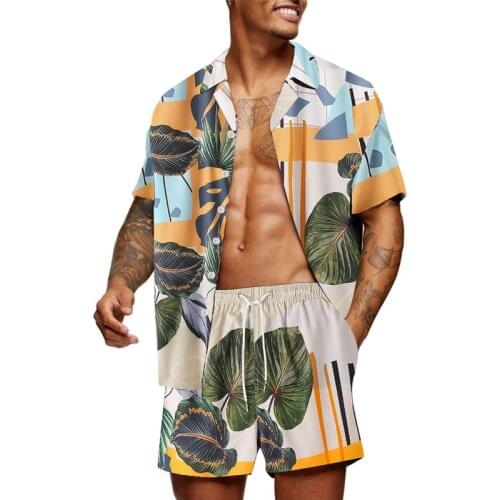 Mens Hawaiian Printed Shirt Set Summer Casual Daily Beach Button Lapel Short Sleeve Shirt Shorts Set 2-piece Mens Set S-3XL