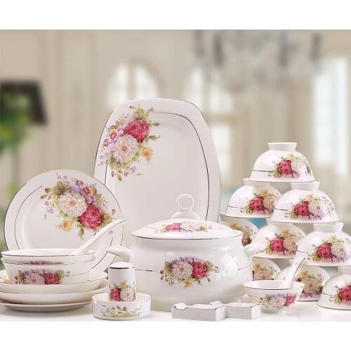 56 Tangshan bone china tableware set, Phnom Penh, European style, red peony flower, high foot bowl, square plate