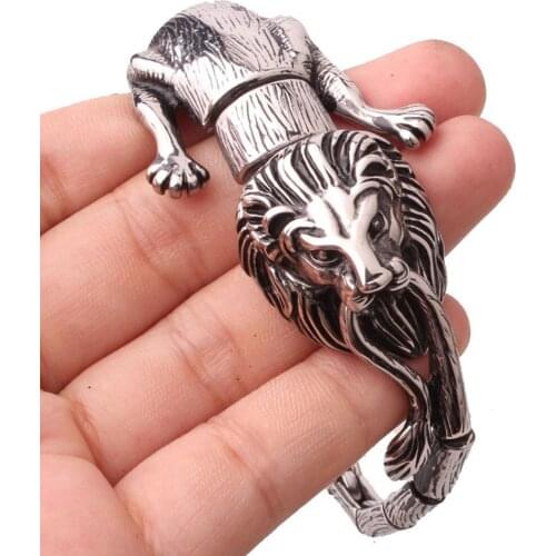 New Hiphop Stainless Steel Chain Lion Head Clasp Mens Cuff Jewelry Silver Color Punk Style Bracelet Bangle 21cm