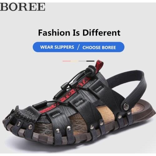Men Sandals Summer Fashion Classic Roman Sandals Breathable Genuine Leather Casual Shoes Outdoor Mens Beach Slippers Plus Size