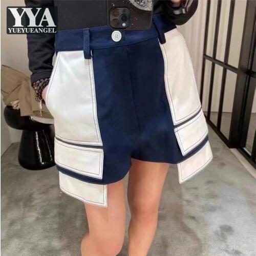 High Waist Mixed Colors Patchwork Blue White Shorts Women Straight Casual Shorts Design Summer Mini Trousers Female Cargo Shorts