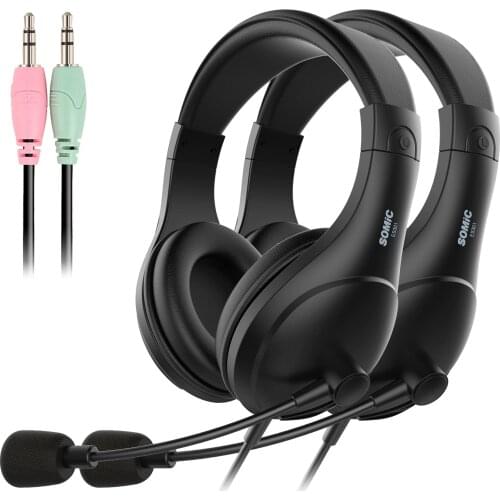 SOMIC 2 PACK 3.5mm Stereo Headset with Microphone Desktop Computer Headphones Over-Ear for Work/Skype/Conference ES301