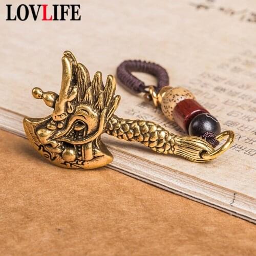 Vintage Copper Chinese Beast Dragon Ax Key Chaisn Pendants Jewelry Handmade Braied Lanyard Car Keychains Hangings Rope Keyrings