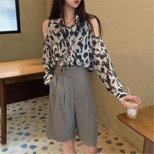 Women Hollow Out Print Pattern Blouse Girl Spring Casual Plus Size Match All Turn Down Collar Clothes Off-Shoulder Shirt Tops