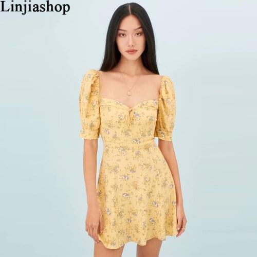 Fashion Short Sleeve Party women dress Vintage Floral Print Yellow Summer Dress Sexy Center Bow vestido
