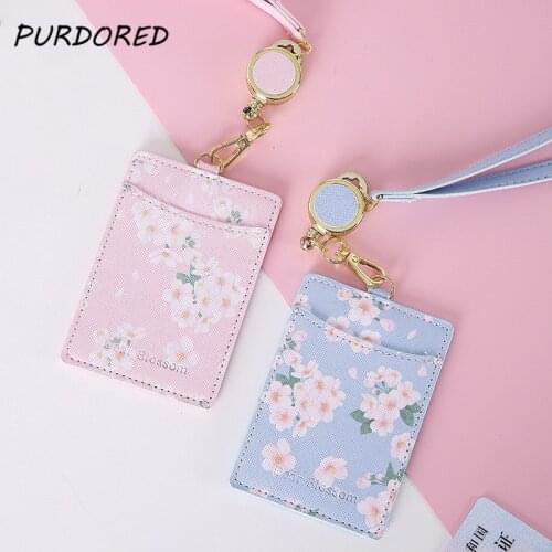PURDORED 1 Pc Flower Card Holder PU Women Business Card Case Cartoon Cute Retractable Credit Card Holders Bank Purse Tarjetero