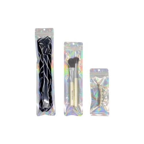 100 Pcs Hologram Aluminum Foil And Transparent Zip Lock Bags Long Plastic Watch Pen Jewelry Cosmetic Usb Data Cable Bags