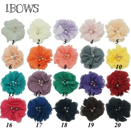 20 Pcs/lot 2" Beaded Chiffon Flower With Rhinestone For Headband Mini Cute Felt Back Pearl Chiffon Flower Hair Accessories
