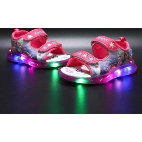 Disney Sandals LED 2021 New Fashion Girls Frozen Elsa Shoes Sweet Bow Pearl Rhinestone Summer Sandals